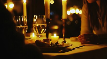 Naklejka premium Couple having a candlelit dinner at a restaurant, romantic evening, soft lighting, gourmet food.