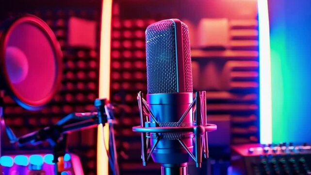 Closeup on broadcasting microphone with pop filter and shock mount in studio for music production.
