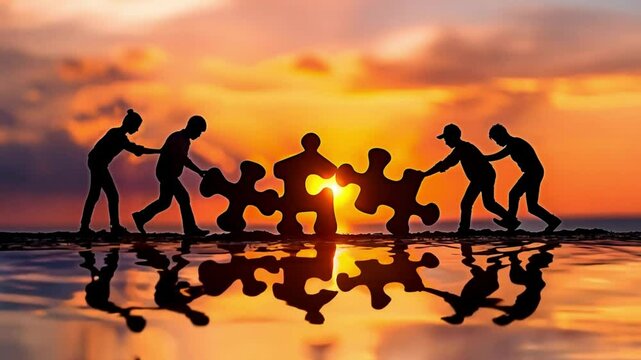 Concept of teamwork and strategic partnership with team holding puzzle pieces together.
