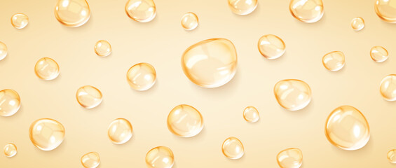 Realistic serum drops. Liquid drops, serum, gel or collagen texture. Skincare transparent bubbles. Skin care cosmetic hydration spots. Beauty product. Realistic vector