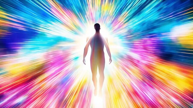 Silhouette of man blazing colorful aura. Abstract representation of spiritual awakening. 
