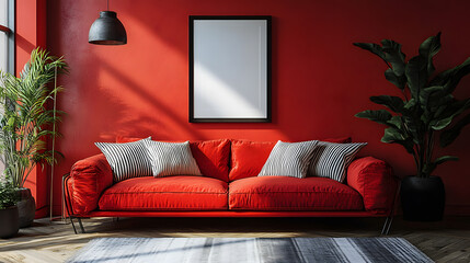Red Sofa with a Striped Pattern Against a Red Wall with Framed Art
