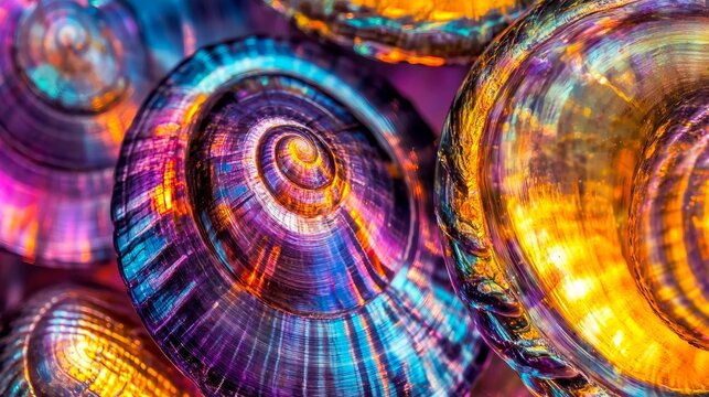 A close up of a bunch of colorful glass shells