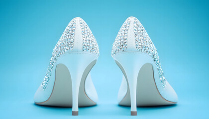 Elegant White High Heel Shoe with Rhinestone Details on Blue Background