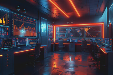 A room full of computer screens displaying complex financial analysis and real-time stock charts.