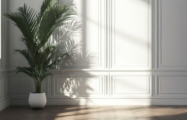 An elegant white classical wall background, a brown parquet floor, a picture frame and a vase of plants complement the brown parquet floor.