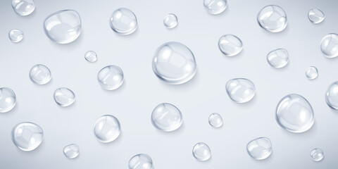 Realistic serum drops. Liquid drops, serum, gel or collagen texture. Skincare transparent bubbles. Skin care cosmetic hydration spots. Beauty product. Realistic vector