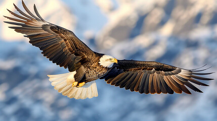 Fototapeta premium Majestic bald eagle soaring over snowy mountains in winter light