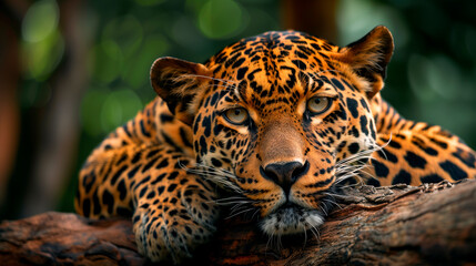 Obraz premium Majestic leopard resting on a branch in lush jungle setting