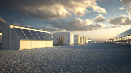 Fototapeta premium Solar Panel Array on a Rooftop at Sunset