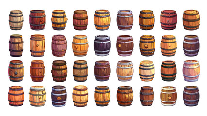 Wooden barrels set. Cartoon wood old barrel oak wine cask keg liquid beverage drink vintage medieval water container vector illustration