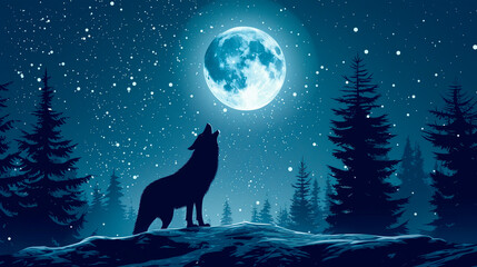 Wolf howling at full moon in snowy forest night scene