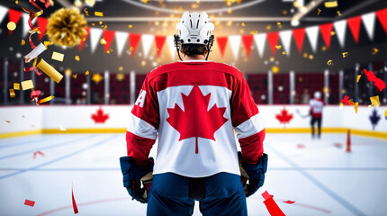 Fototapeta premium Canadian ice hockey player celebrating with gold conf after winning championship. Canada ice hockey team, gold confetti in the background. Sports champion at ice rink