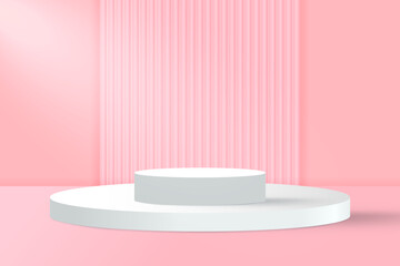 Abstract 3D pink podium background. Modern minimalist mockup for product display presentation. Realistic pink cylinder pedestal podium.