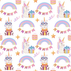 Birthday seamless pattern with unicorn, rainbow and gifts