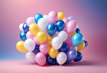 Colorful balloons in pink, blue, and white floating against a pink background