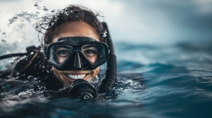 Portrait of a smiling female with scuba diving gear in sea water