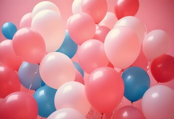 Colorful balloons in pink, blue, and white floating against a pink background