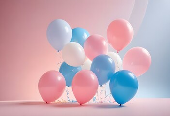 Colorful balloons in pink, blue, and white floating against a pink background