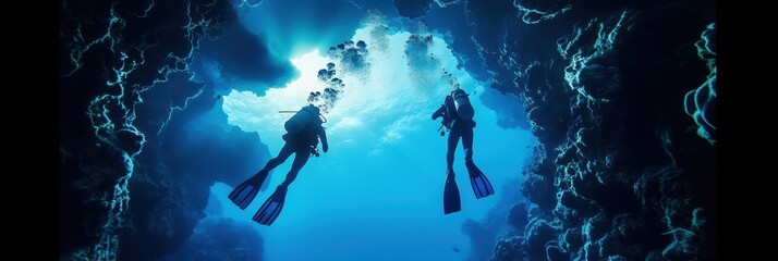 Diver exploring underwater rocky cave in deep sea.