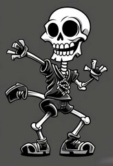 a cheerful skeleton dancing in clothes drawn with a marker on a clean background