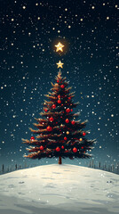 Obraz premium A snowy night with a beautifully decorated Christmas tree.