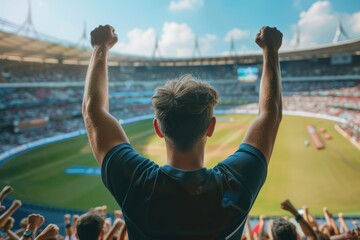 Vibrant sports event scene triumphant moment as man raises arms in celebration amidst cheering crowds in massive stadium. Casual attire stands out against backdrop of enthusiastic spectators focused