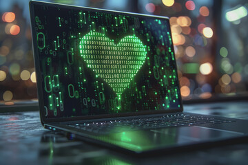 Laptop screen with binary code in heart shape going out of the screen, technological center.