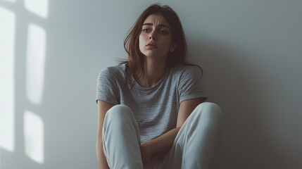 Fototapeta premium A despaired sad, depressed woman sitting on a floor alone in a house. despair hopelessness, desperate, broken heart concepts. 