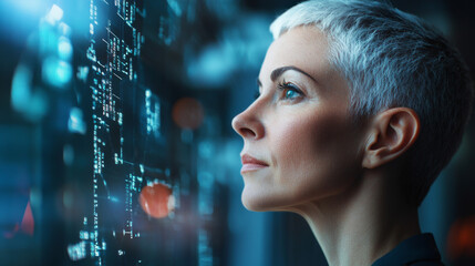 Woman with short hair looking at digital screen
