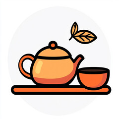An orange tea pot with a leaf on top and a cup next to it. 