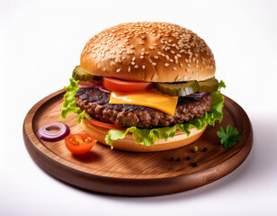 a hamburger on a wooden tray with cheese, tomato, onion, beef, lettuce; studio shot; high quality photo. Isolated on white background.