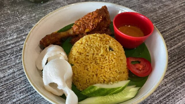 Indonesian fried rice served with chicken rendang. Fried rice asian popular food.