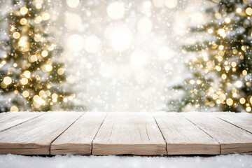 Empty Wooden Table Top with Warm Living Room Decor and Blurred Christmas Tree Lights &ndash; Holiday Backdrop