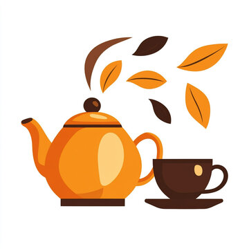 orange teapot and cup with autumn leaves clip art preview