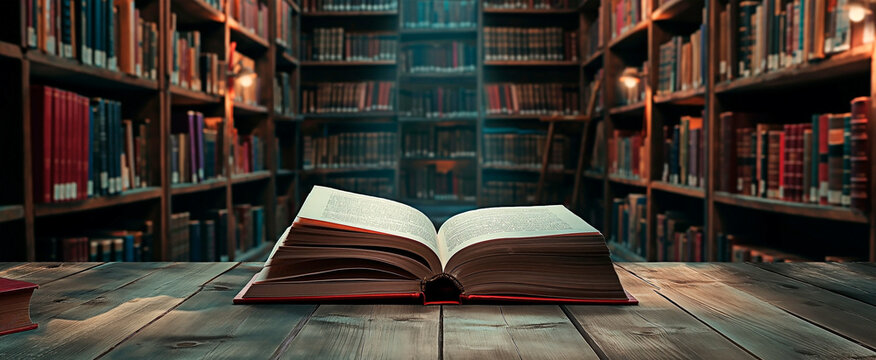 Open book in atmospheric library with glowing light. Knowledge and learning concept with book in ancient library.