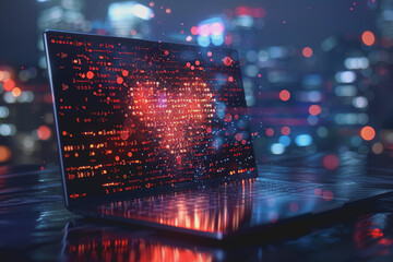 Obraz premium Laptop screen with binary code in heart shape going out of the screen, technological center.