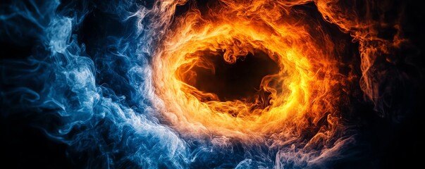 Fototapeta premium Swirling smoke tunnel with glowing embers and a dark, mystical atmosphere, Abstract tunnel background, Mystical energy