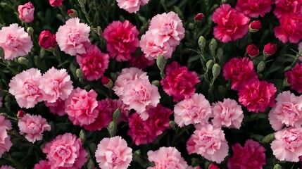 a cluster of carnations in full bloom. The flowers are in various shades of pink, ranging from light pink to deep pink. The petals are ruffled and layered, typical of carnations