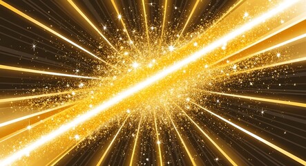 Naklejka premium Golden rays of light with twinkling star like particles spreading in all directions for a dynamic glittery banner illustration