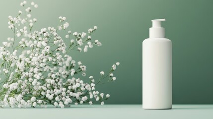 A close-up of a white skincare bottle on a green background, with flowers arranged for a fresh and modern cosmetic presentation