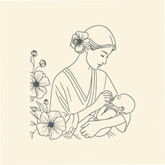 Minimalist Line Art of Mother and Baby with Floral Accents