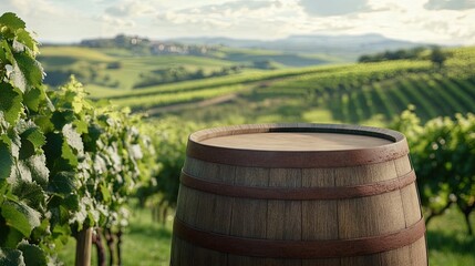 Obraz premium A close-up of an empty wooden wine barrel placed in front of a lush vineyard, with rolling green hills in the background,