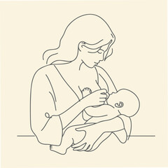 Minimalist Line Art of Mother and Baby with Floral Accents
