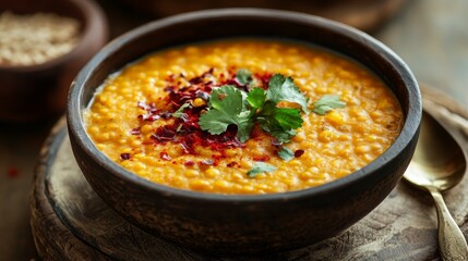 Fototapeta premium A bowl of red lentils cooked with spices and garnished with flavorful toppings.