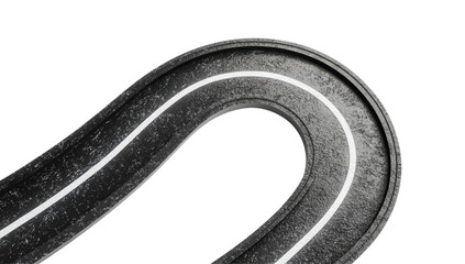 3D curved road with white lines isolated on white background.