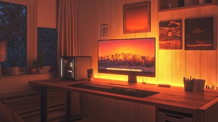 A contemporary desk in a cozy home office, featuring a desktop computer and warm lighting,