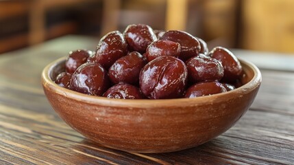 Obraz premium A bowl of sour plums with spices sits on a wooden table. This simple food is perfect for those who follow a healthy, vegetarian diet.