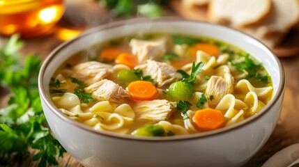 A bowl of steaming chicken noodle soup with fresh vegetables. It's a healthy and comforting meal.