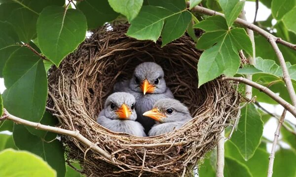 three gray warbird chicks in a nest made of twigs in a wooden tree
